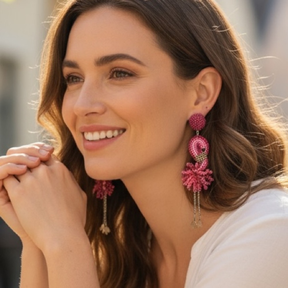 C & C California Hot Pink Flamingo Tiki Hawaiian Tropical Seed Bead Earrings🦩